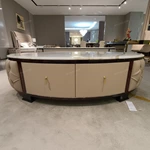 Oval White Marble Coffee Table with Cream Tufted Leather Sides and Two Drawers